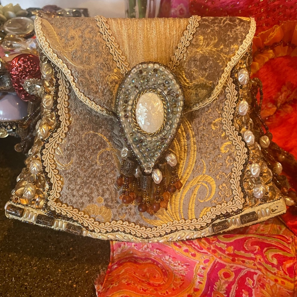 Mary Frances Beautiful Silk & Turquoise/Beaded Small Handbag